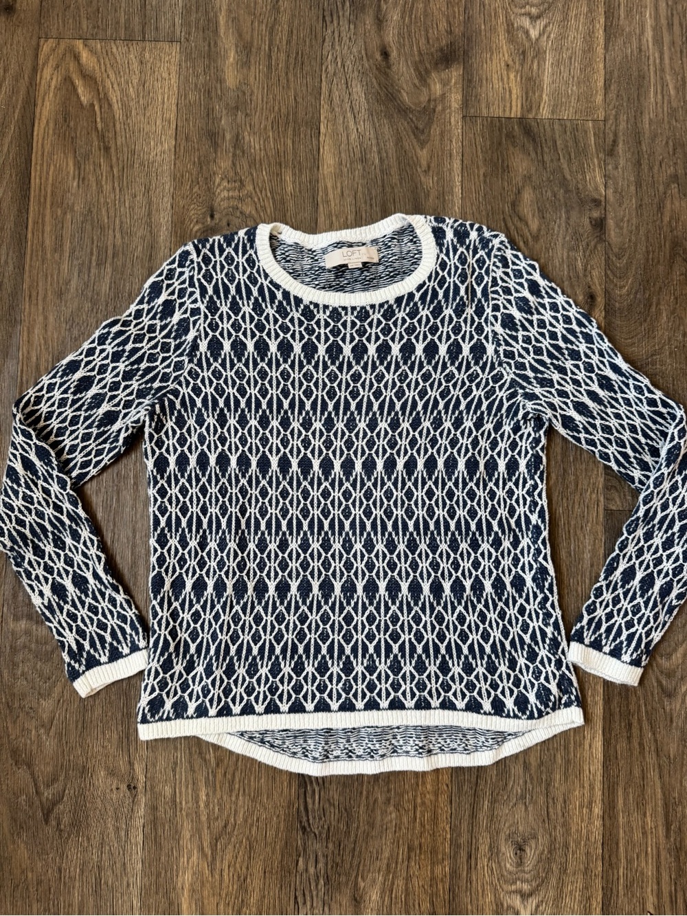 LOFT Petites M Blue/White Geometric 100% Linen Knit Crew Neck Sweater